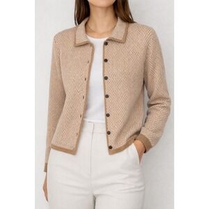Classic Knit Cardigan Herringbone Minimalist Button Down Beige Neutral Women's
